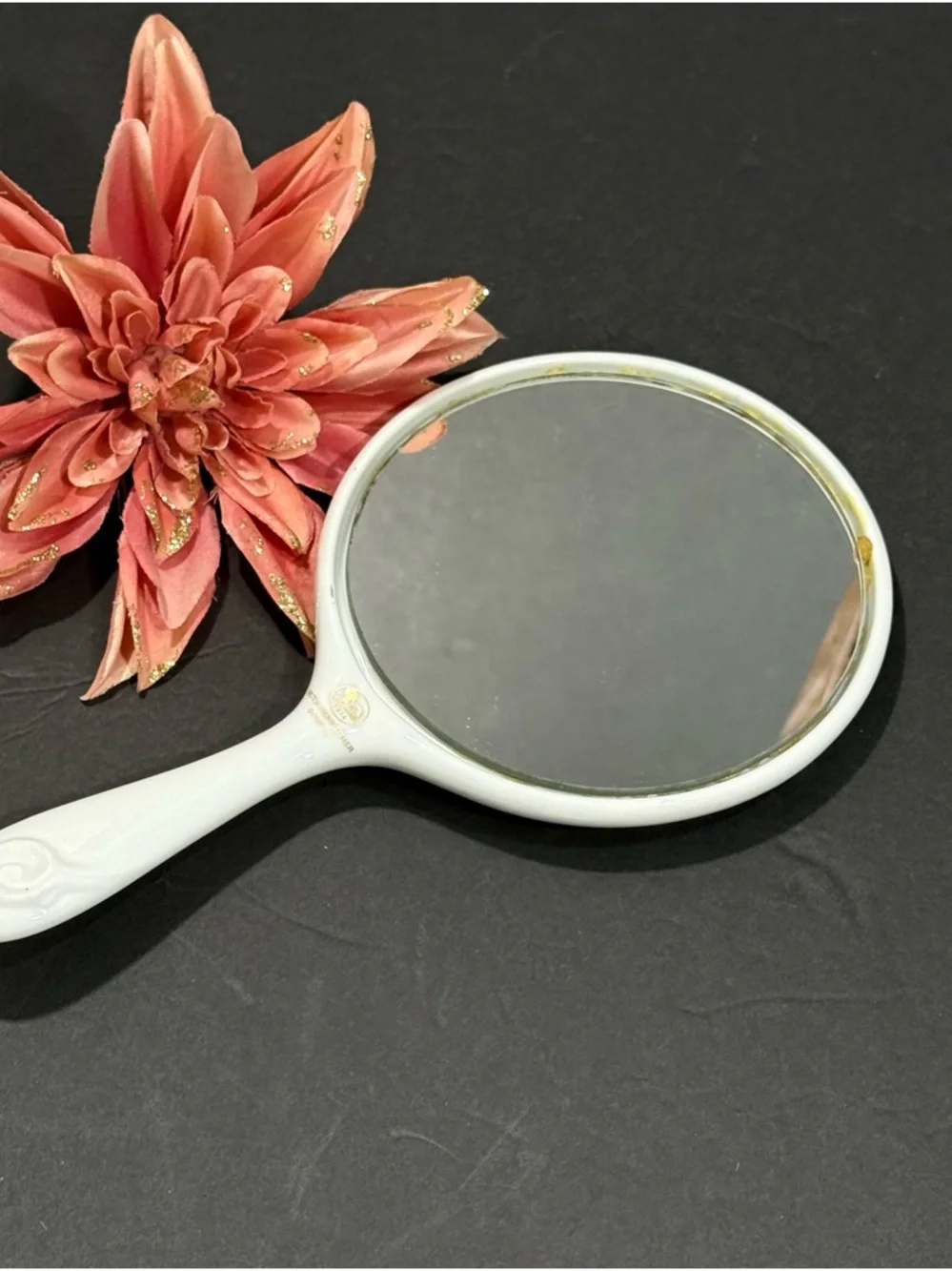 Vtg Hutschenreuther Germany Chloe White Porcelain Hand Mirror w/ Leaf Design